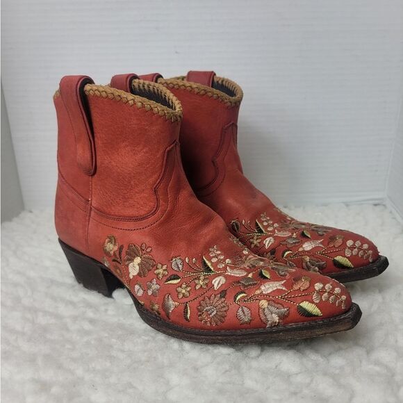 Liberty Boots Womens Size 7 Embroiderd Floral Red Leather Cowgirl Western Shoes - Picture 1 of 9